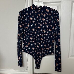 New Navy blue Floral Long Sleeve Bodysuit
